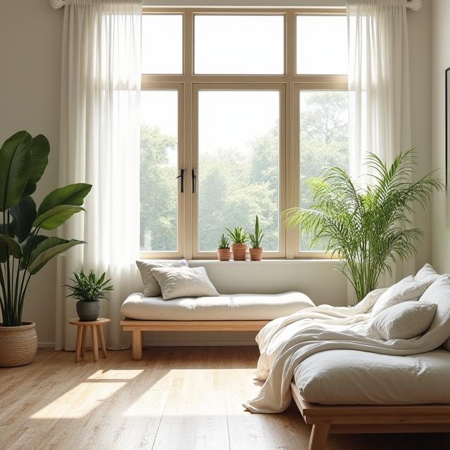 Interior de un hogar luminoso y saludable, diseñado con principios de sostenibilidad.