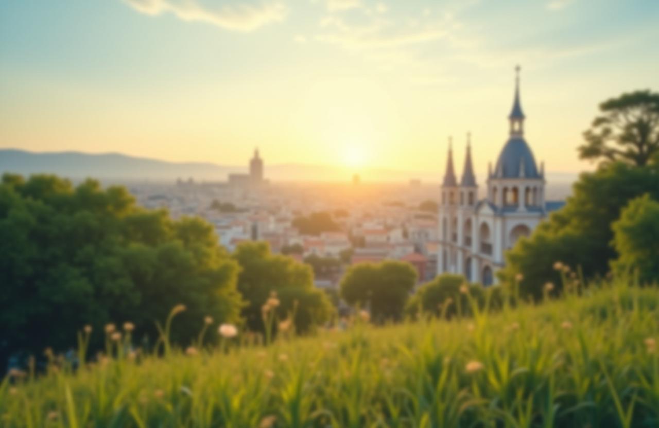 Paisaje sereno que representa el bienestar holístico y las experiencias culturales en Madrid.