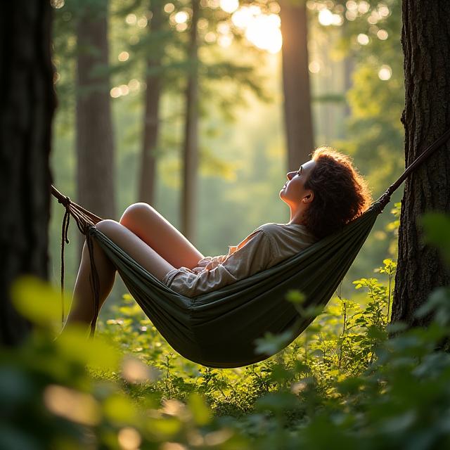 Persona relajada en una hamaca en el bosque, disfrutando de una desconexión tecnológica.