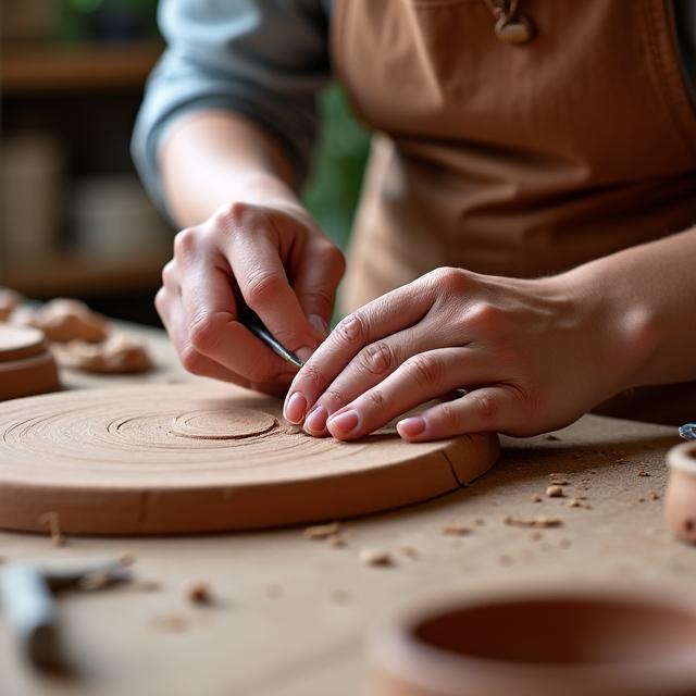 Manos expertas trabajando en una pieza de artesanía tradicional durante un taller sostenible.